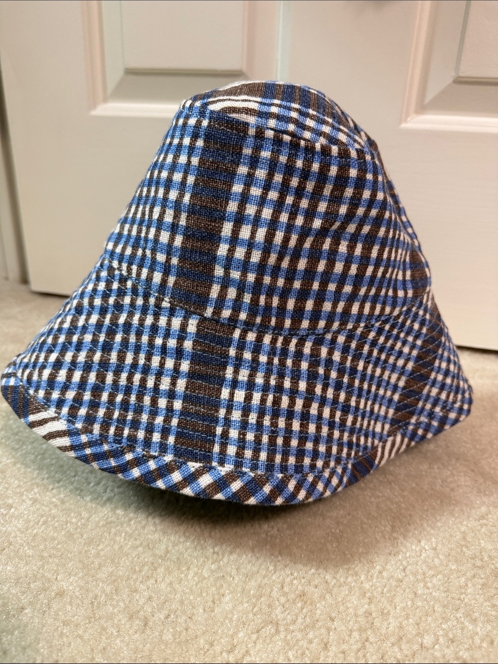 ÉPICE Paris Bob Bucket Hat Checked Blue and Brown Plaid. Small.